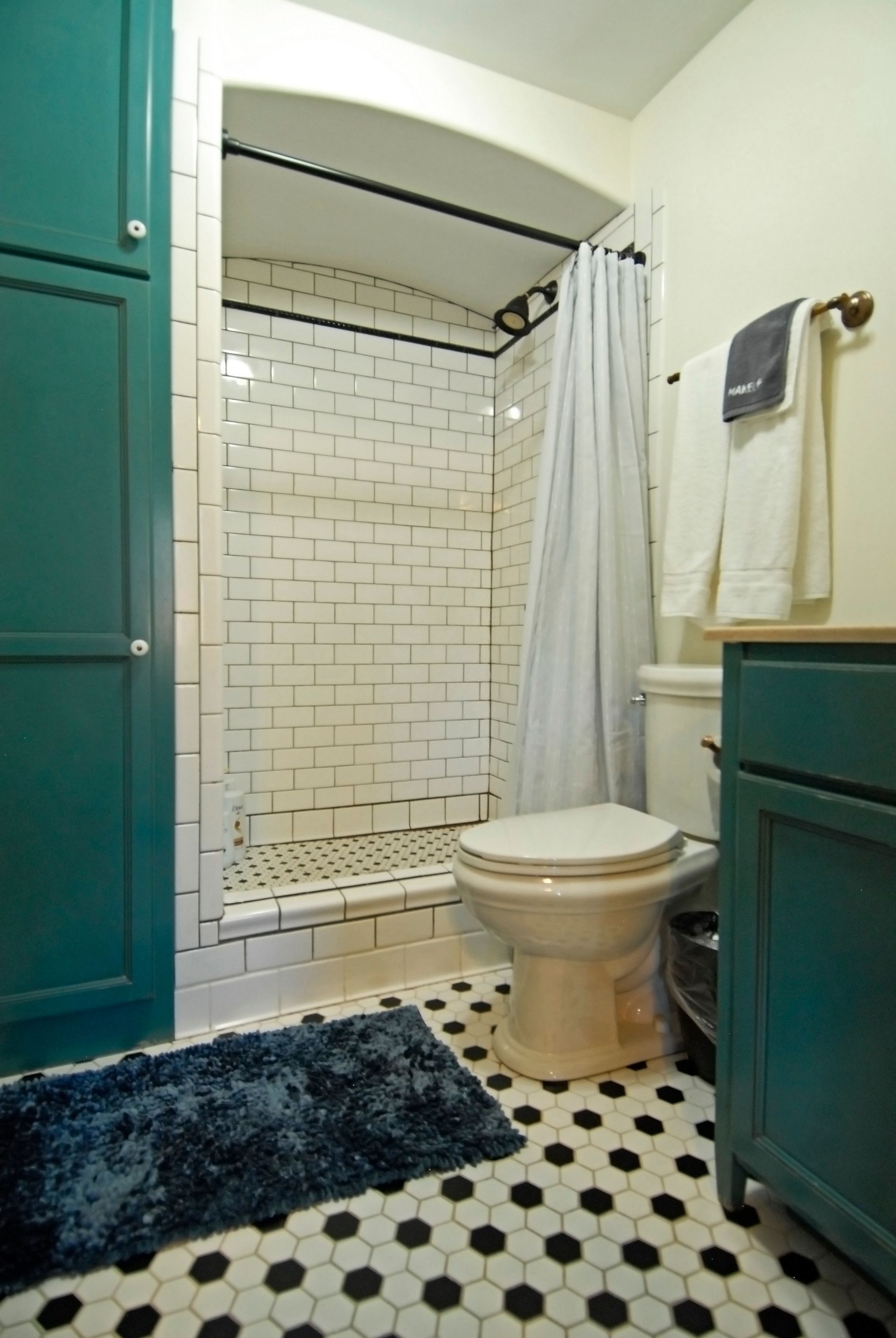 A bathroom with a toilet , shower and blue cabinets