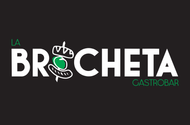 Logotipo para "La Brocheta Gastrobar": texto blanco sobre fondo negro; gráfico de brocheta estilizada, en color verde.