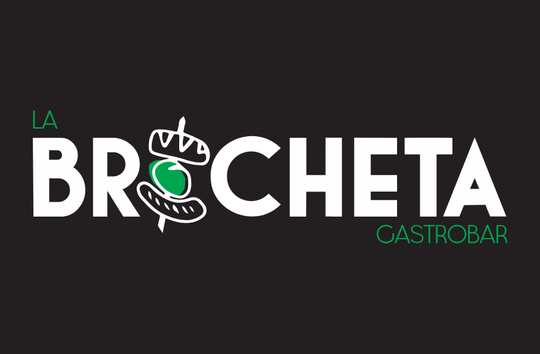 Logotipo para "La Brocheta Gastrobar": texto blanco sobre fondo negro; gráfico de brocheta estilizada, en color verde.