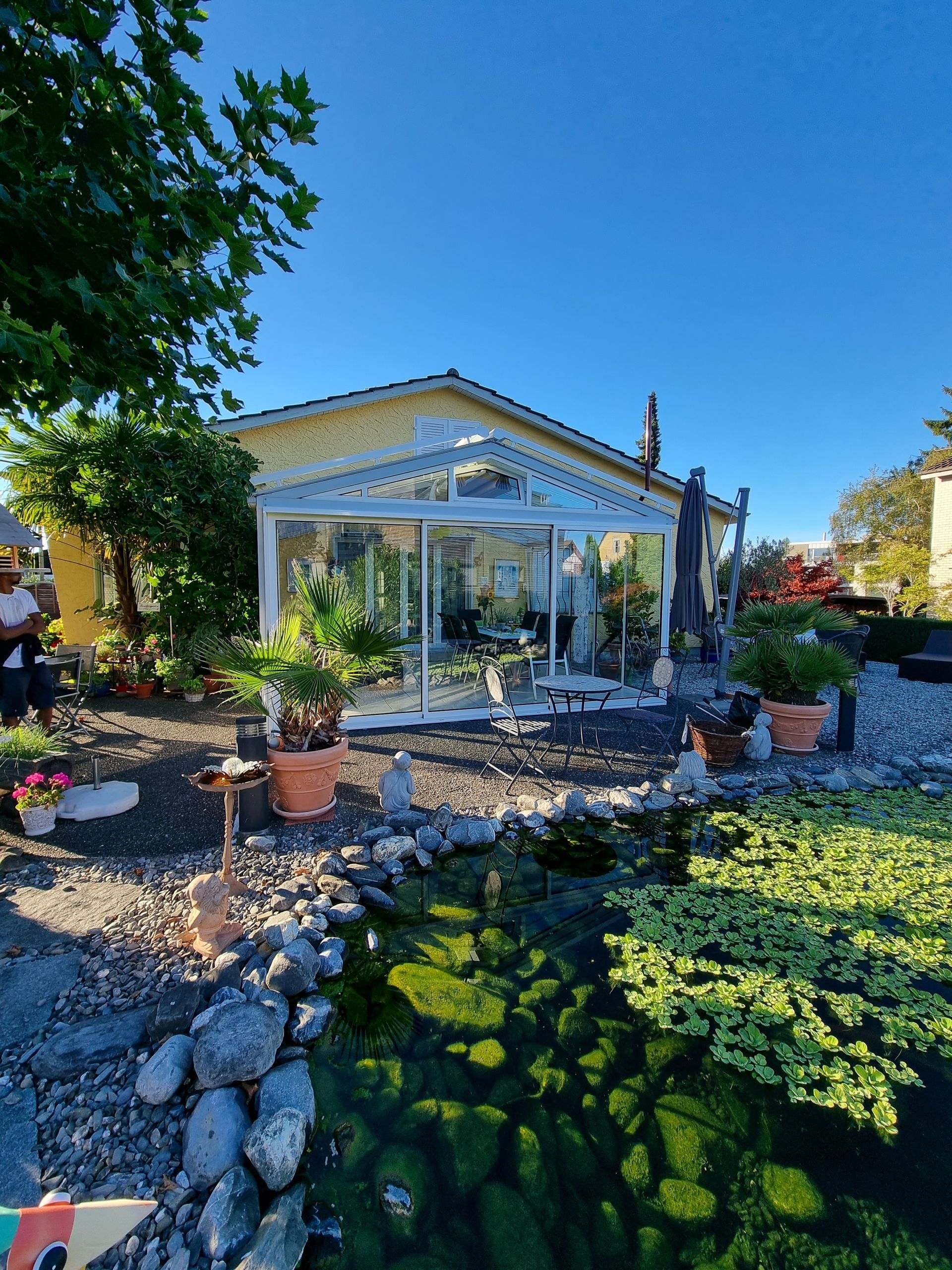 Gewächshaus mit Glaswänden in einem Garten, neben einem Teich und Blumen; sonniger, blauer Himmel.