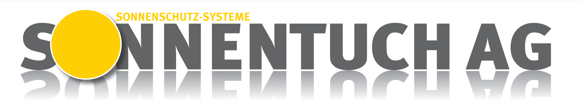 Logo der „SONNENTUCH AG“ mit gelber Sonne, grauem Text und Spiegelung.