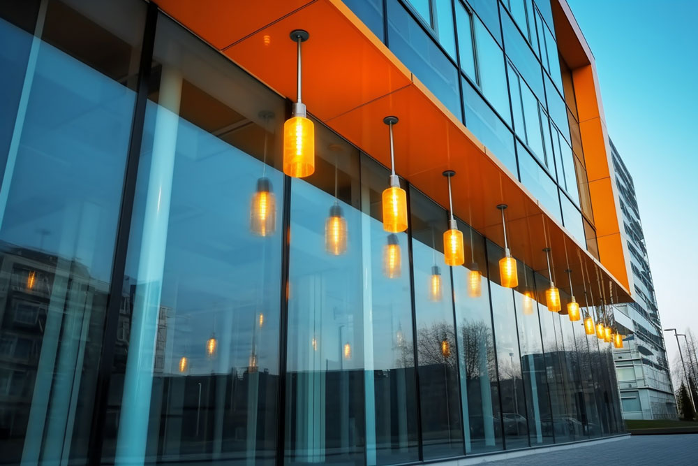 Un edificio con muchas ventanas y luces colgando del techo.