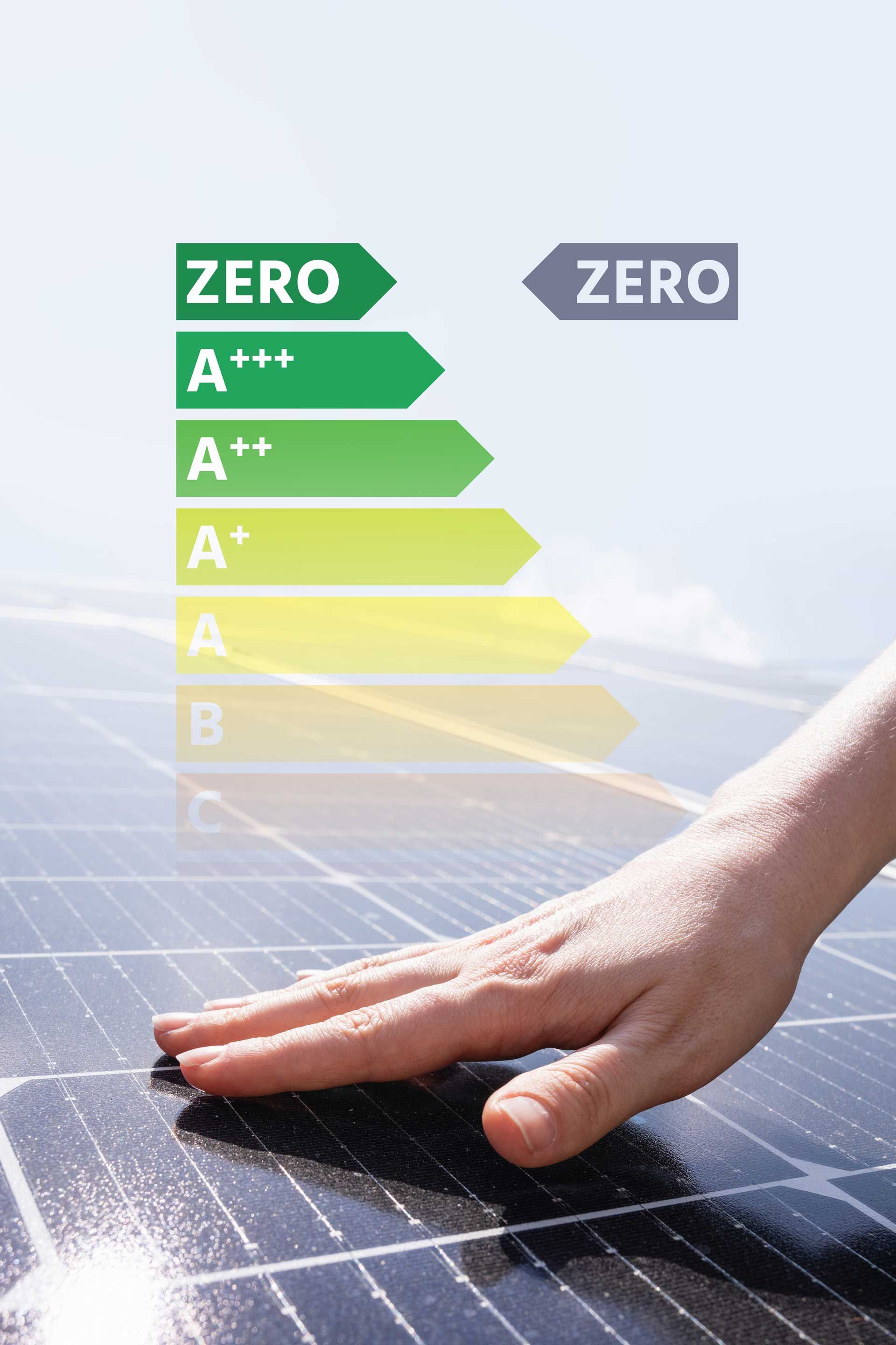Une main touchant un panneau photovoltaïque avec un diagramme de consommation énergétique.