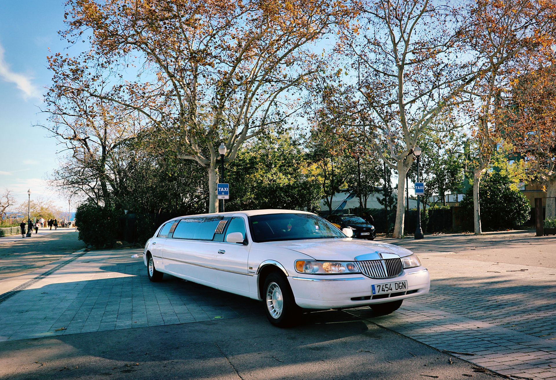 Una limusina blanca está estacionada al costado de la carretera.