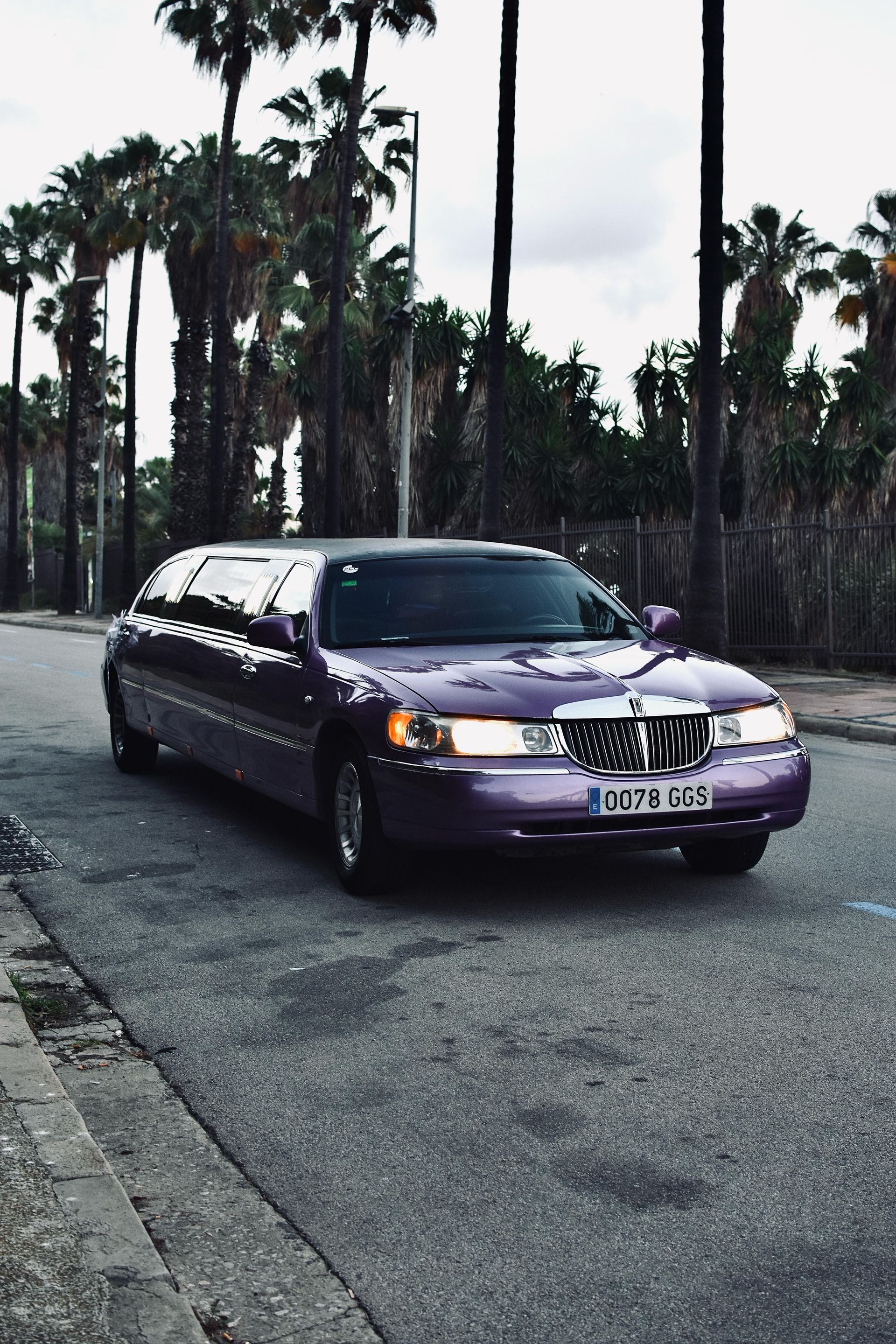 Una limusina violeta circula por una calle con palmeras al fondo.