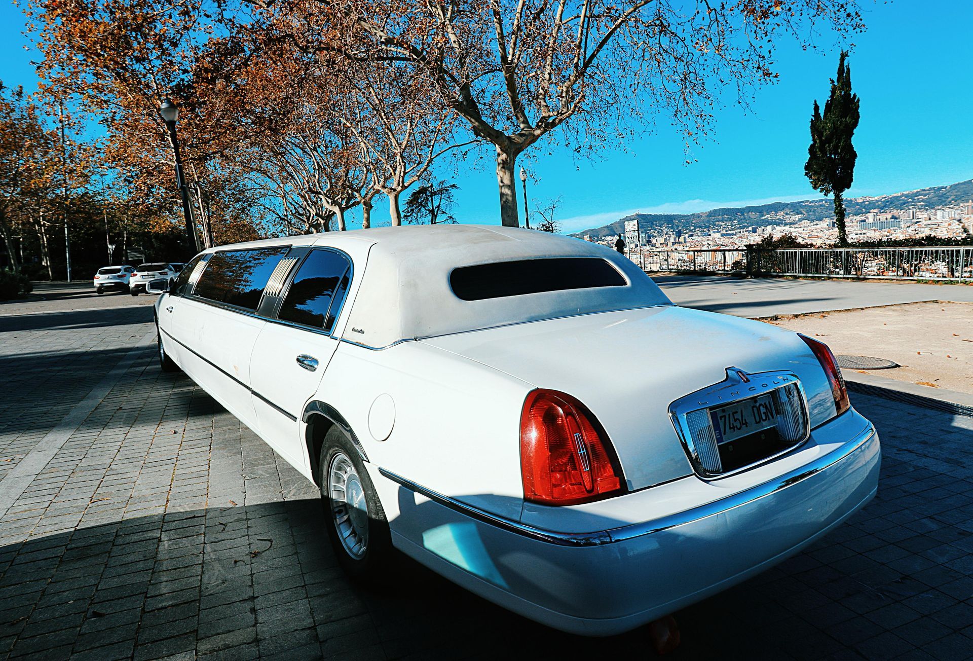 Una limusina blanca está estacionada al costado de la carretera