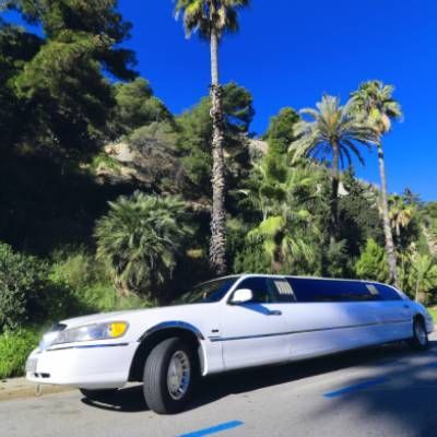 Una limusina blanca está estacionada al costado de la carretera