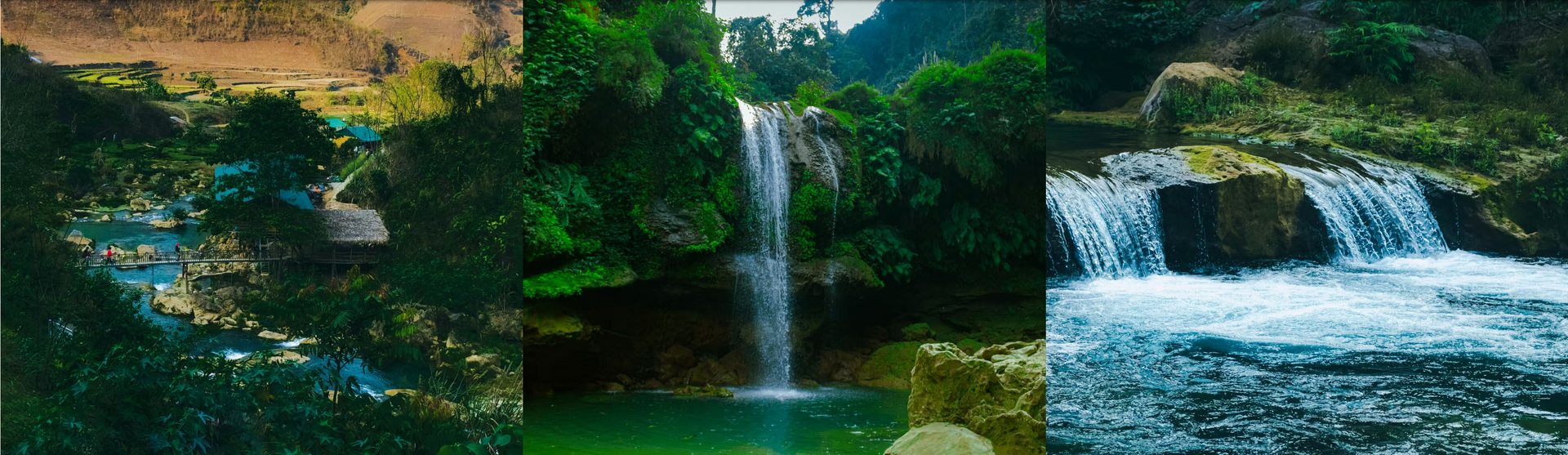 A collage of three pictures of waterfalls in the woods.