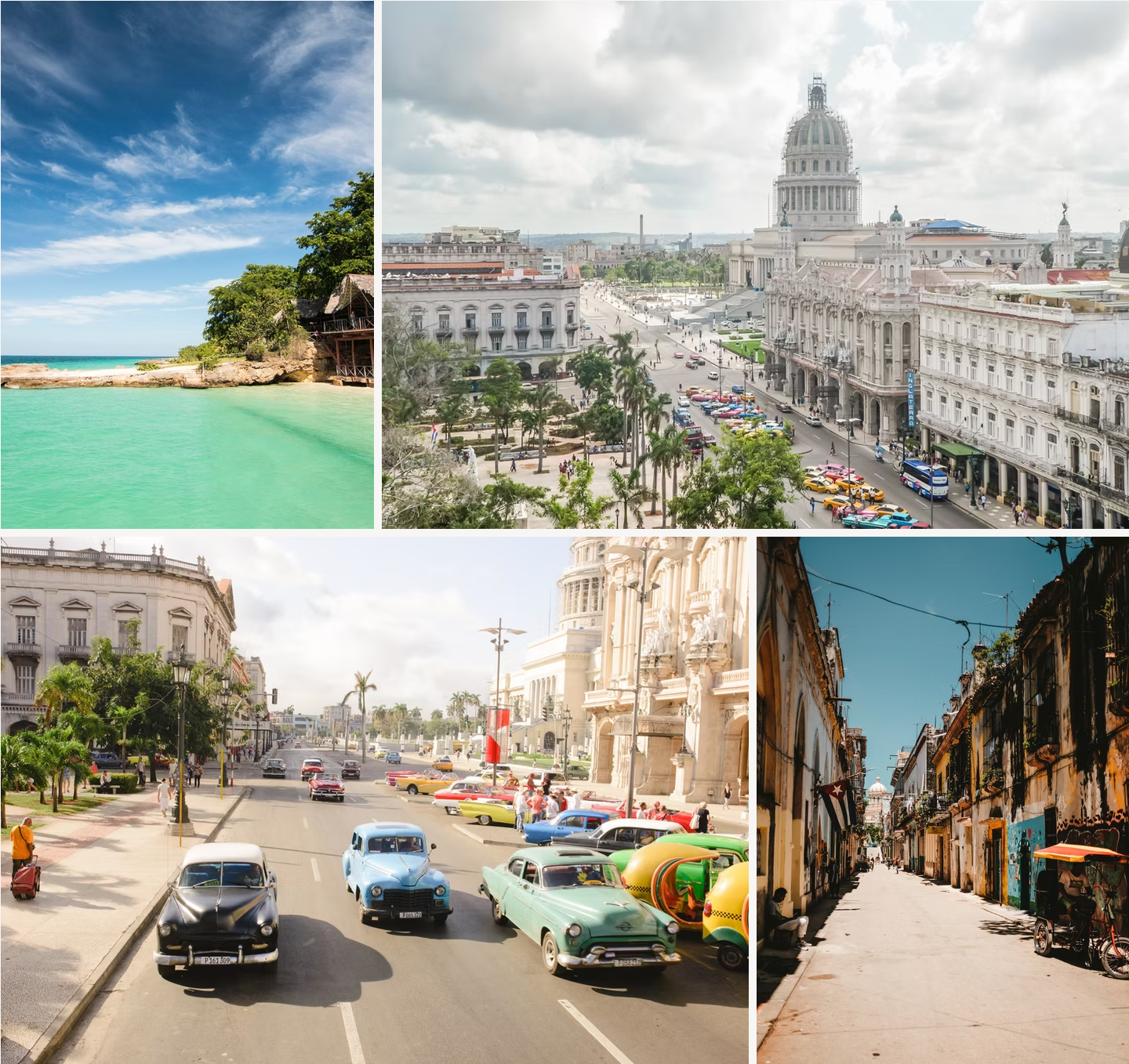 A collage of four pictures shows a beach and a city
