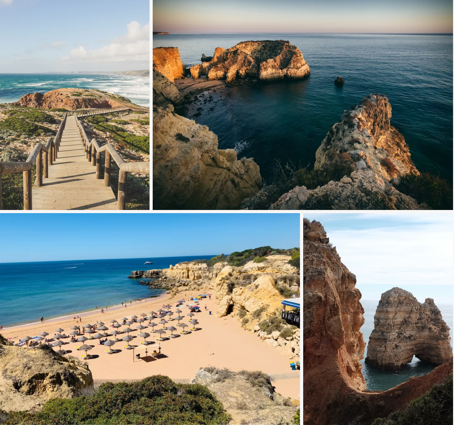A collage of four pictures of beaches and rocks