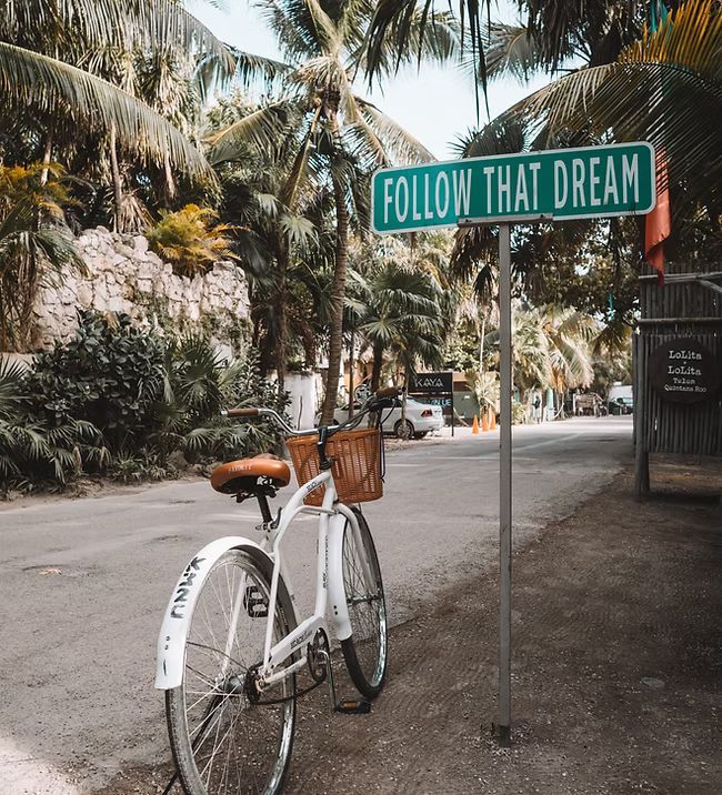A bicycle is parked in front of a street sign that says follow that dream