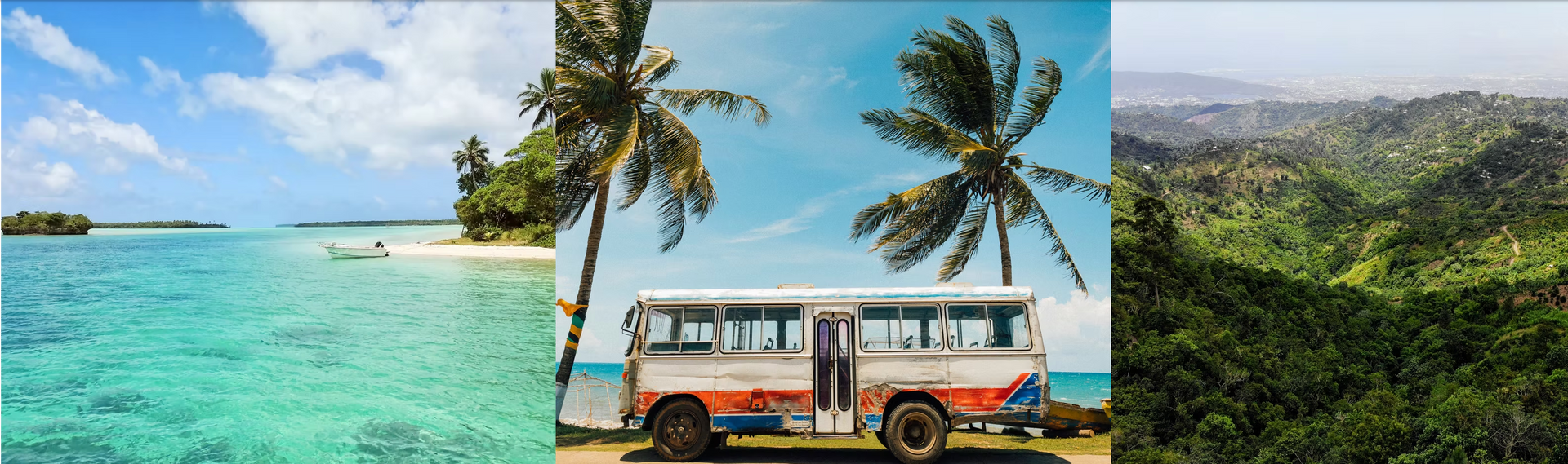 A collage of three pictures of a beach , a bus , and a forest.