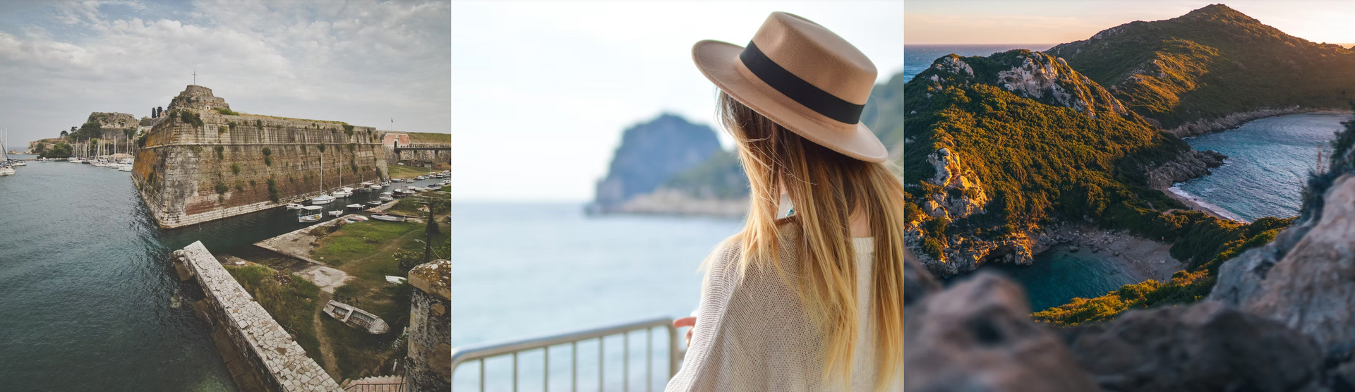 A woman in a hat is standing on a balcony overlooking the ocean.