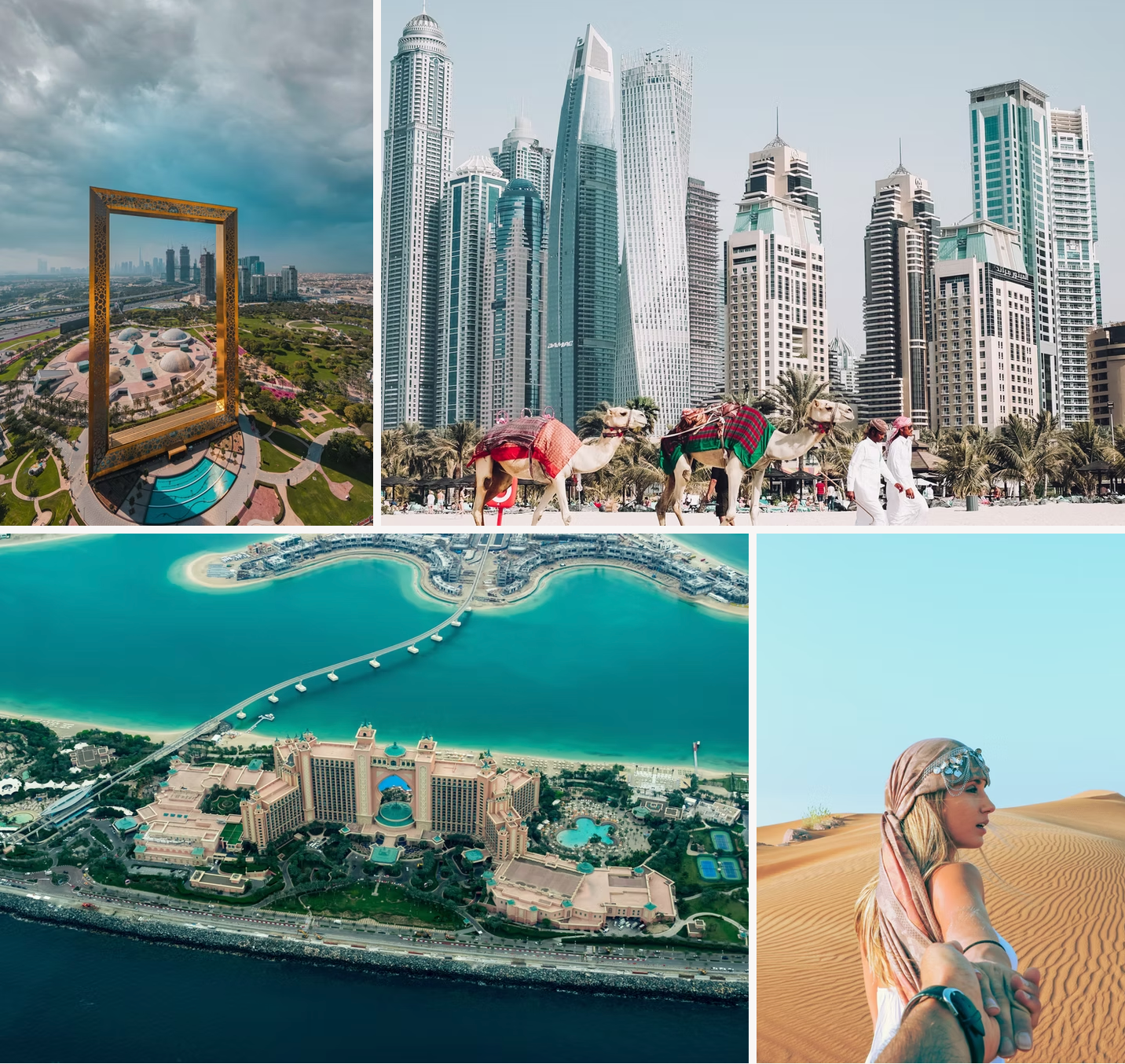 A collage of pictures of a city , a beach , and a woman in the desert.