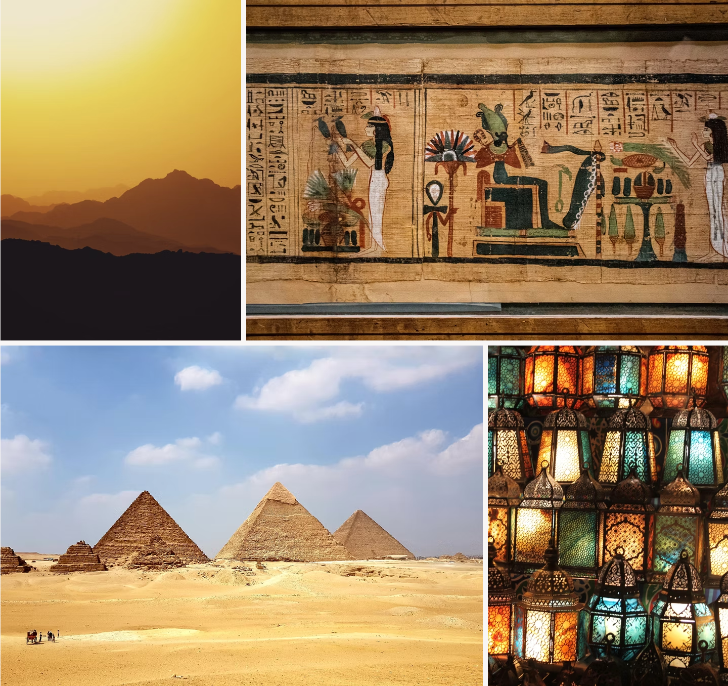 A collage of images shows pyramids and a stained glass window
