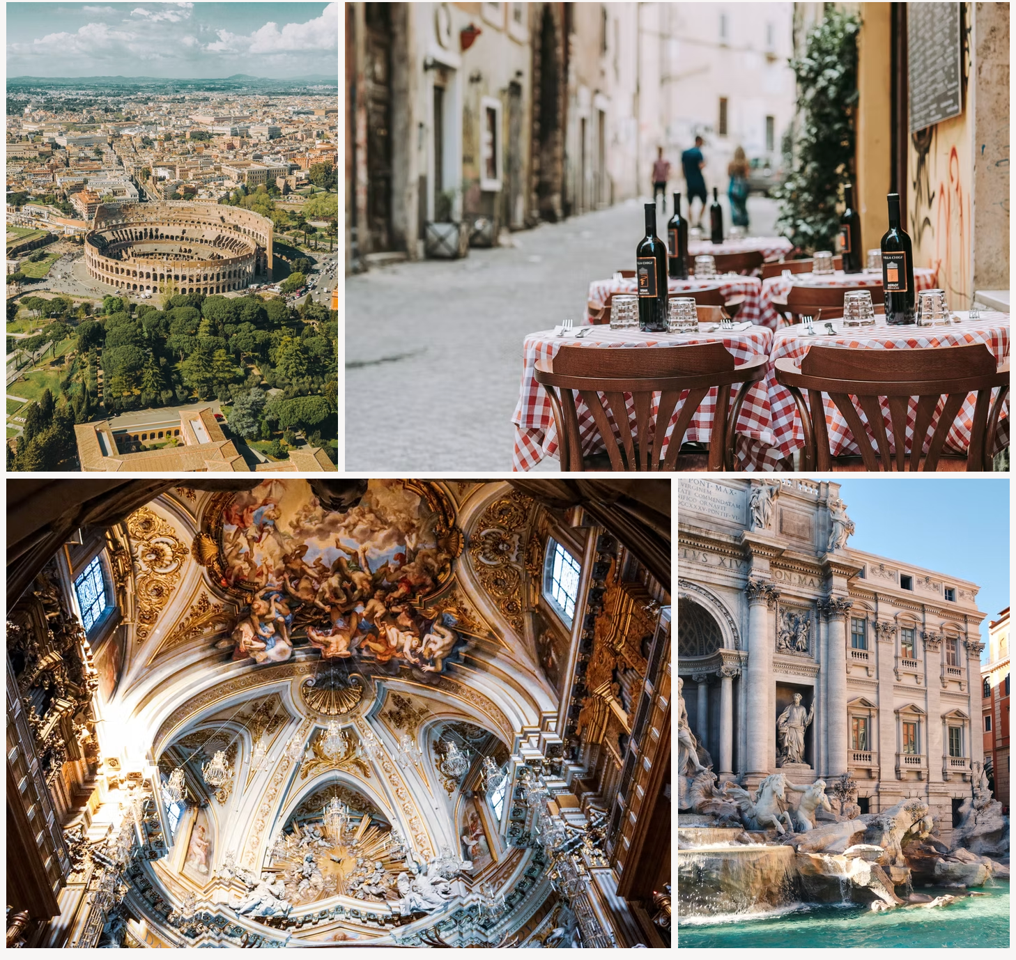 A collage of pictures shows a city a church and a fountain