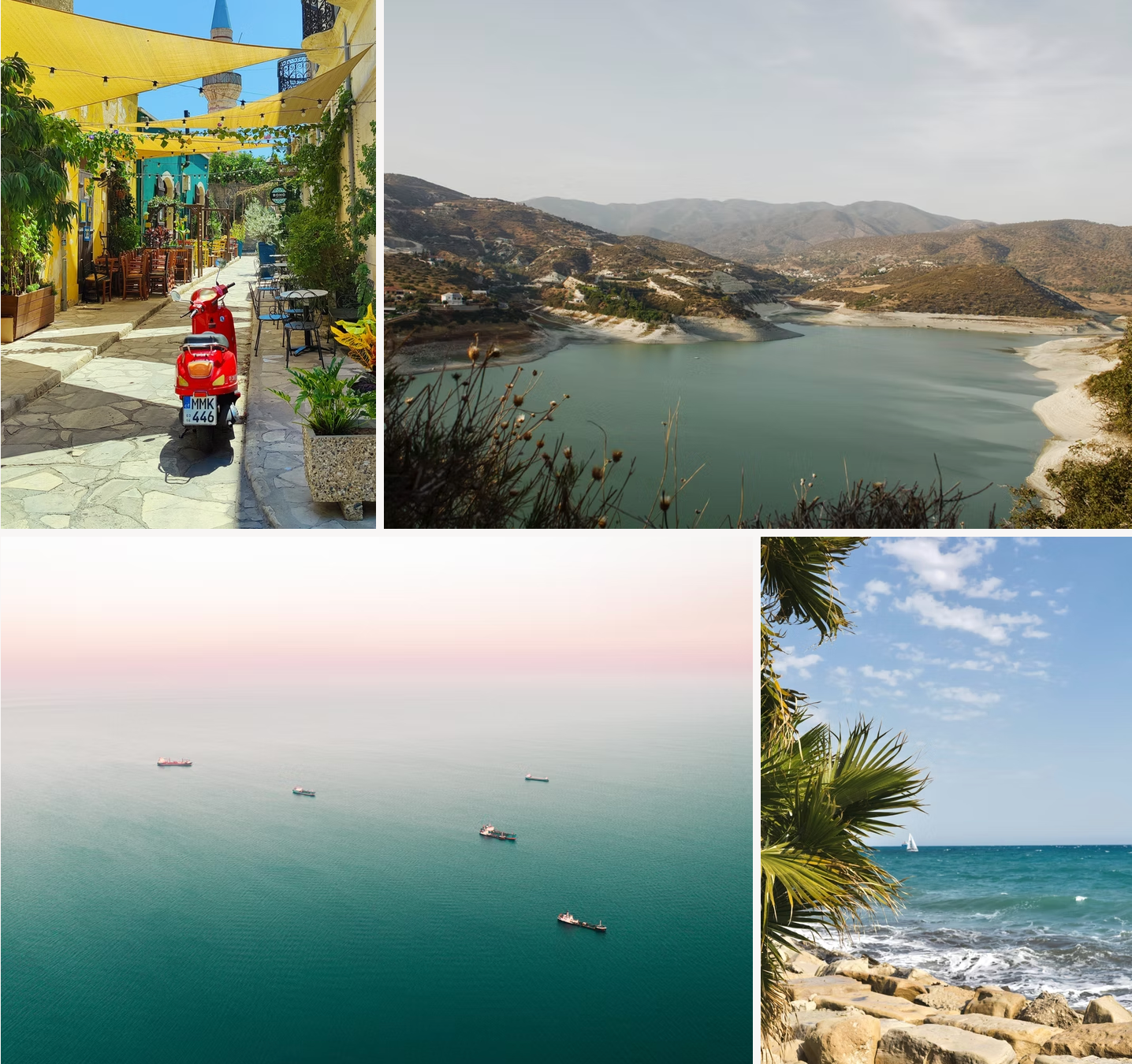 A collage of four pictures shows a scooter a lake and a beach