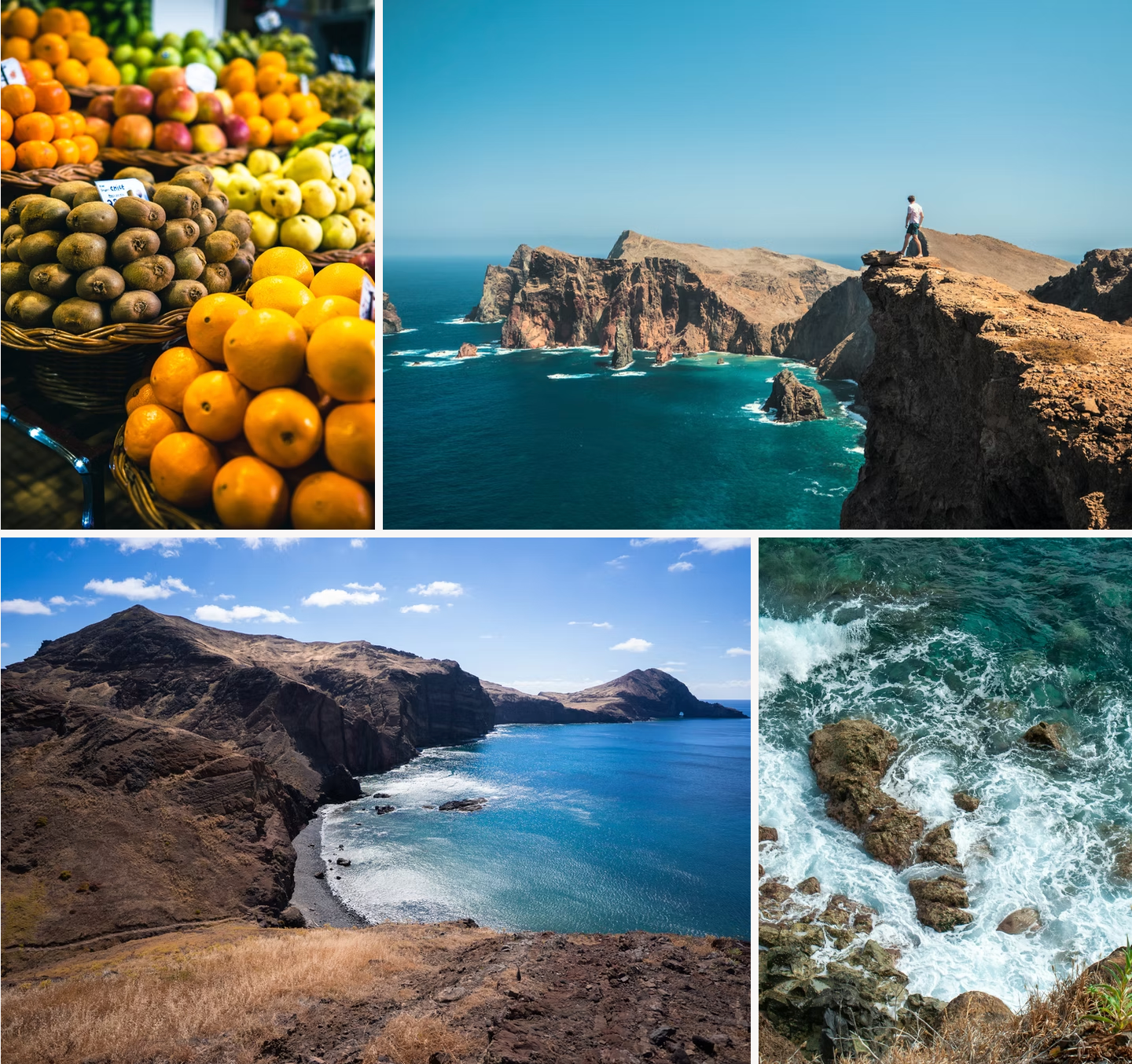 A collage of pictures shows a man standing on a cliff overlooking the ocean