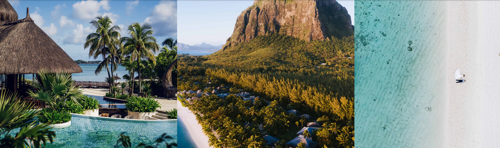 A collage of three pictures of a tropical island with a mountain in the background.
