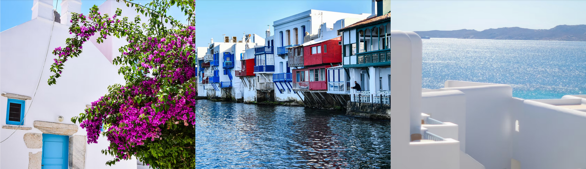 A collage of three pictures of a greek island.