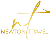 A gold logo for newton travel with a white background