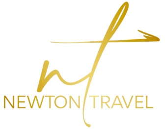 A gold logo for newton travel with a white background