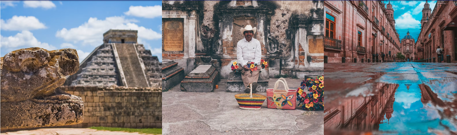 A collage of three pictures of a pyramid , a man selling flowers , and a pool.