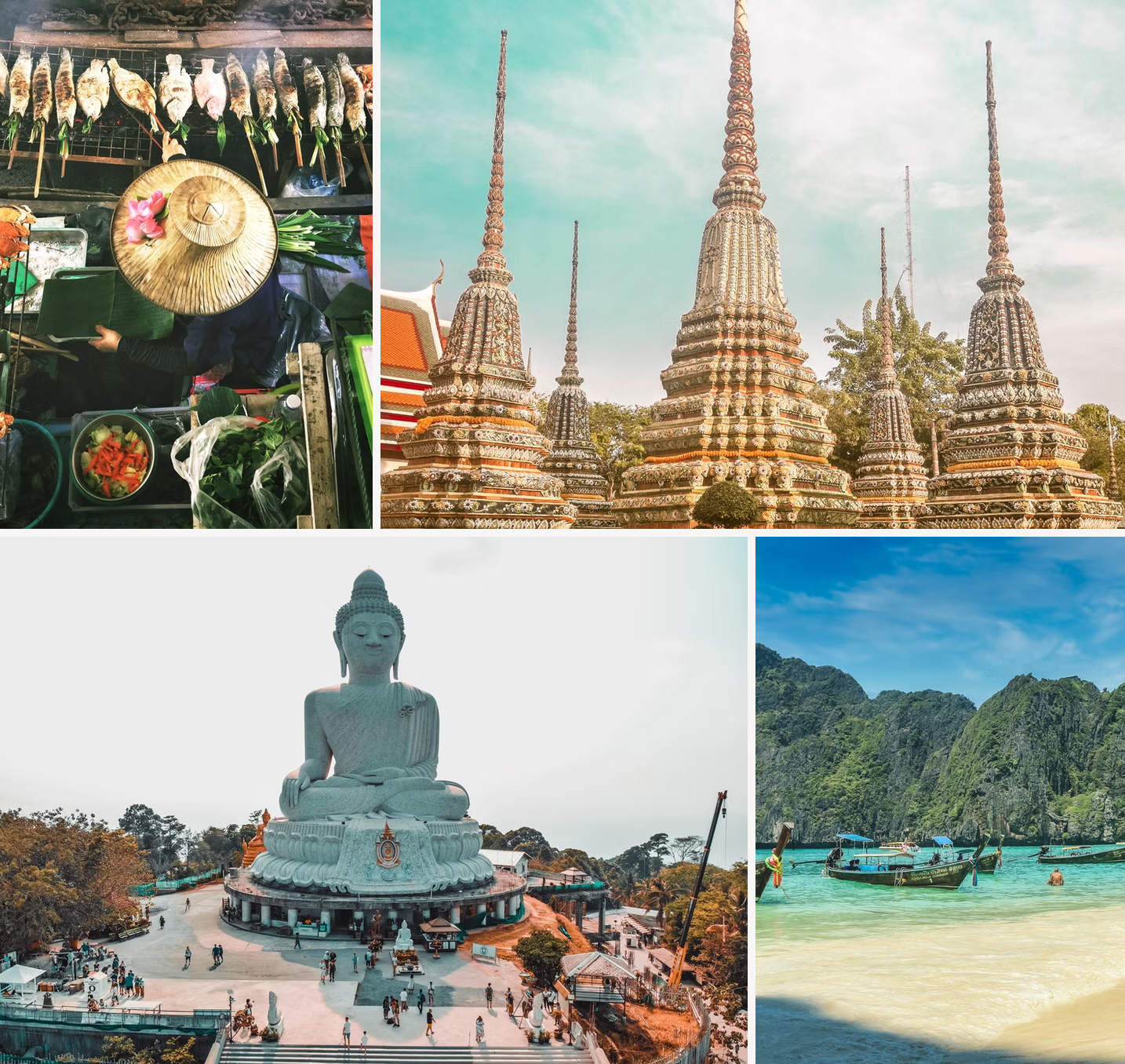 A collage of four pictures of temples and a statue