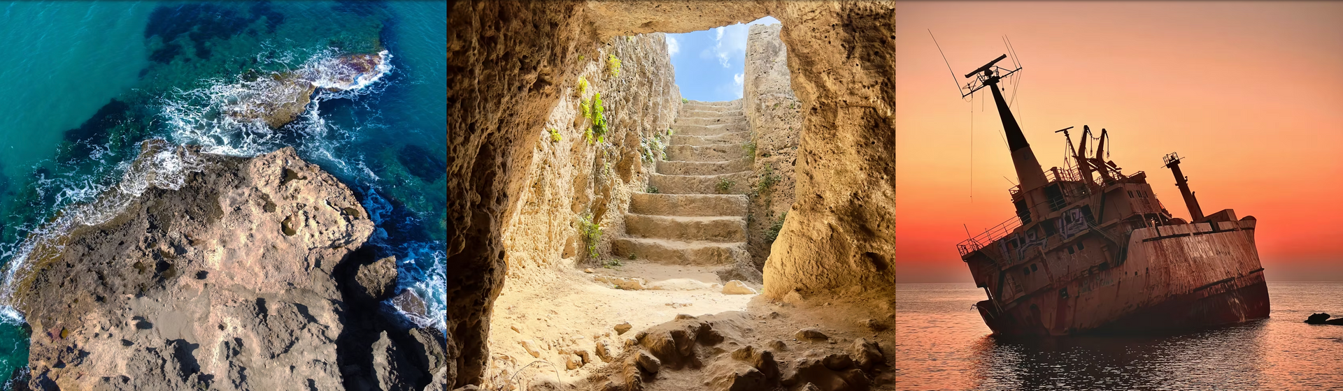 A collage of three pictures of a rock , stairs , and a ship in the ocean.