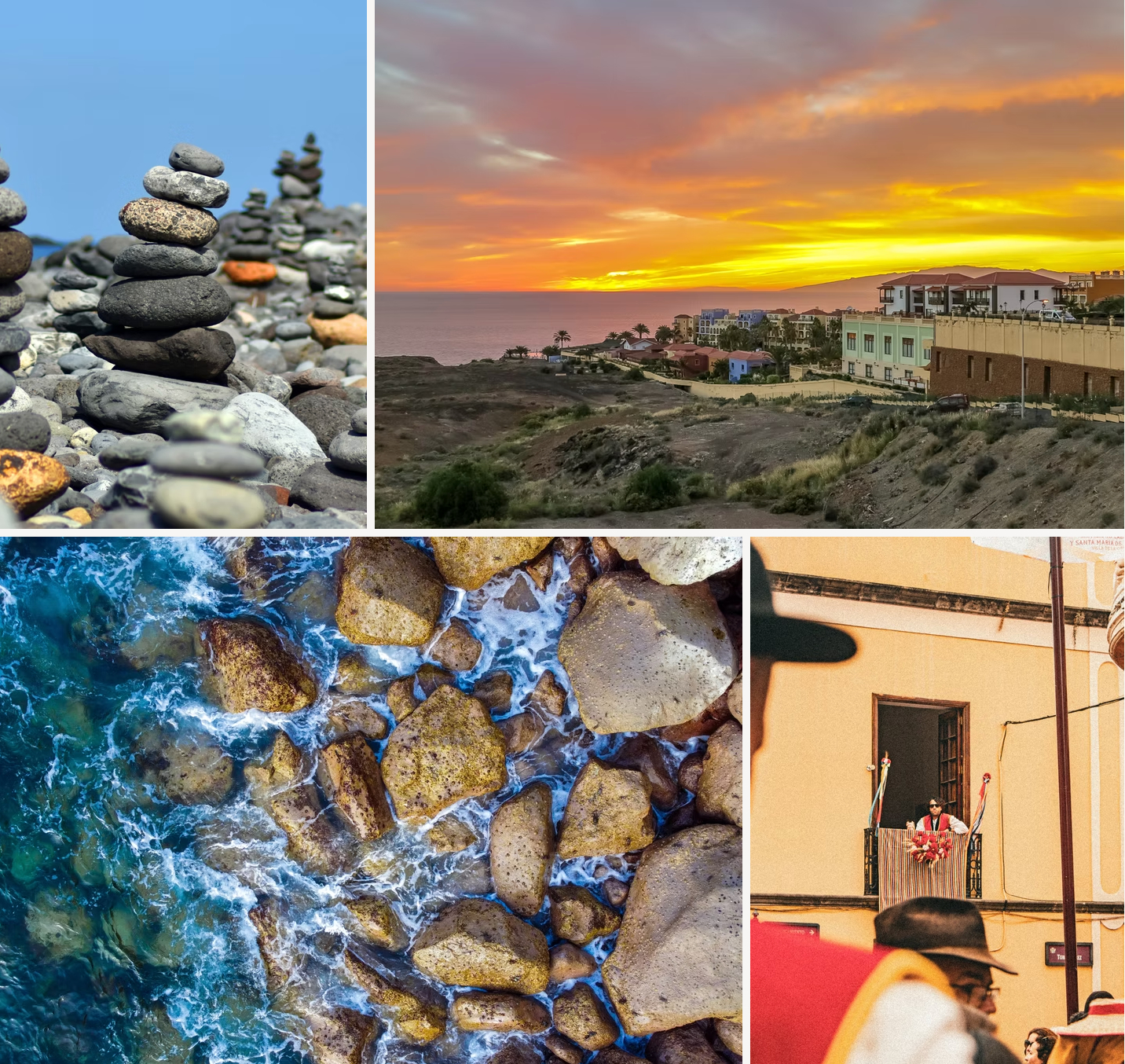 A collage of photos shows a stack of rocks a sunset over the ocean and a building