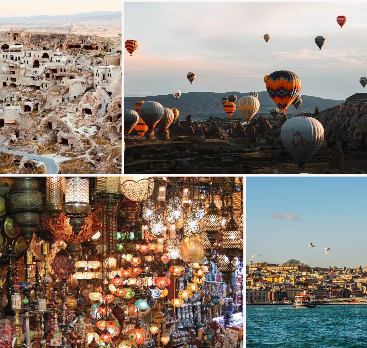 A collage of photos shows hot air balloons flying over a city and a market