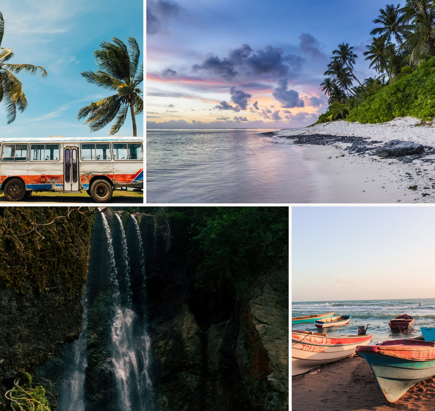 A collage of pictures shows a bus a waterfall a beach and boats