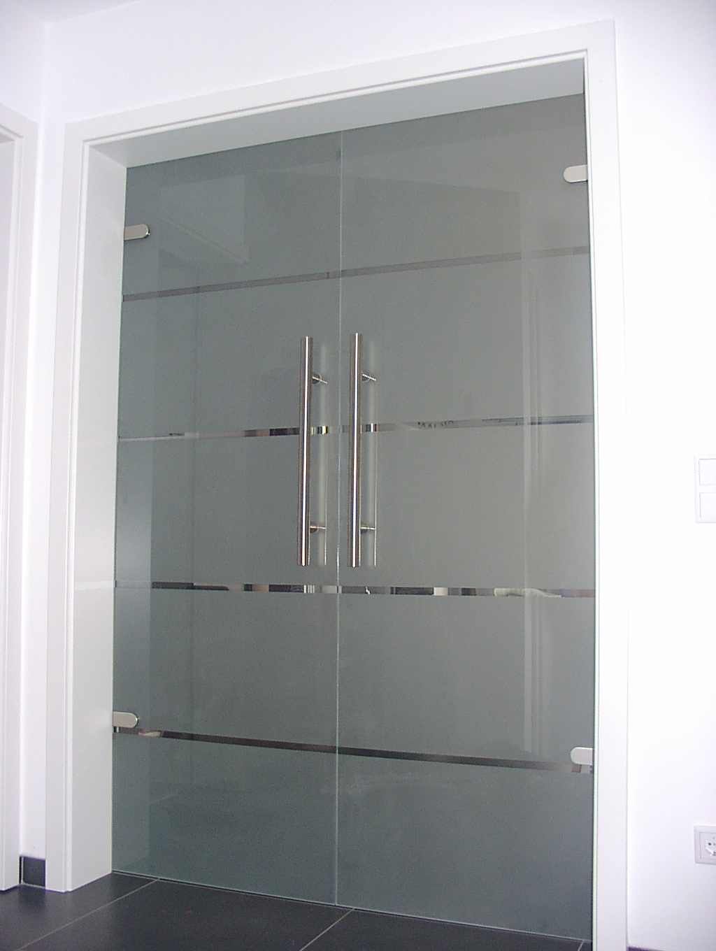 Ein Paar Milchglastüren mit Edelstahlgriffen.