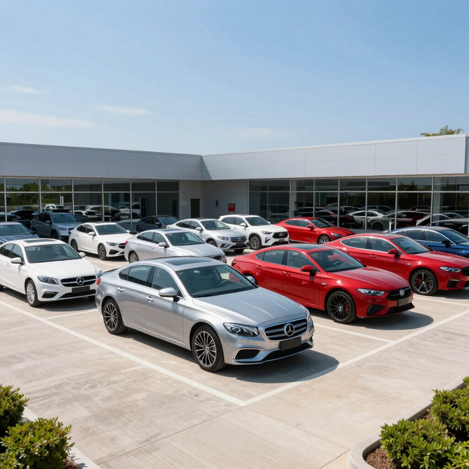 Fila de coches deportivos blancos, plateados y rojos aparcados frente a un moderno concesionario de automóviles.