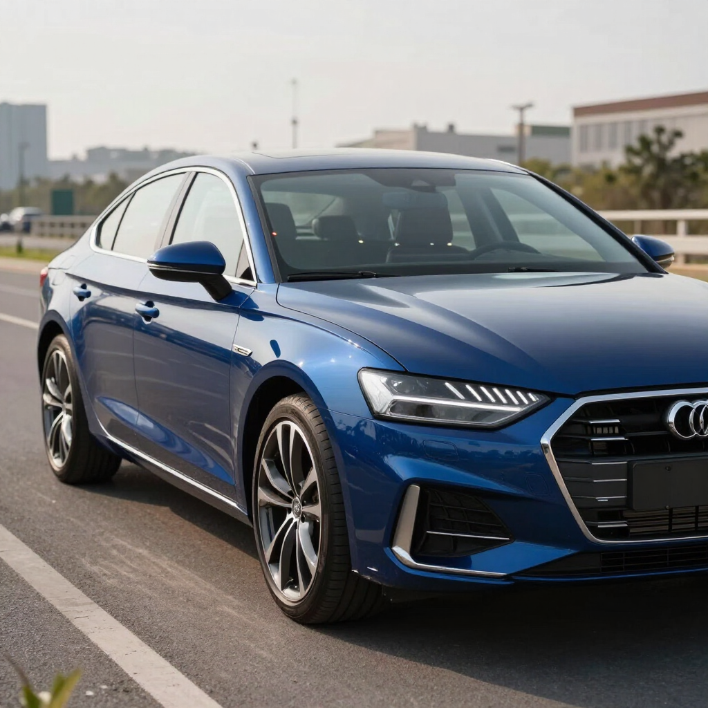 Sedán Audi azul circulando por una calle de la ciudad, vista frontal de tres cuartos.