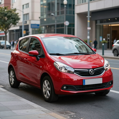 Coche compacto rojo aparcado en una calle de la ciudad cerca de edificios modernos.