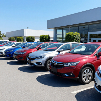 Fila de coches aparcados frente a un concesionario de coches en un día soleado.