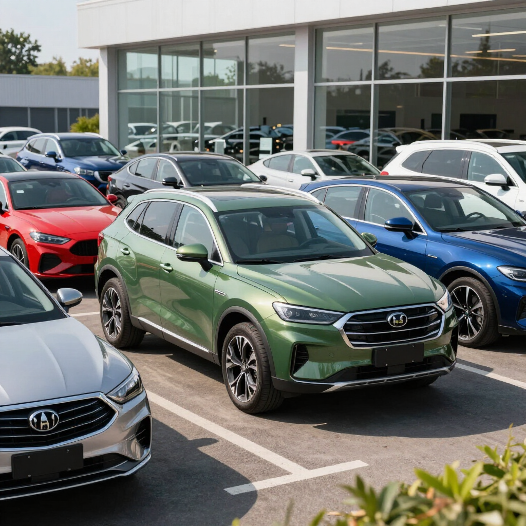 Un SUV verde estacionado entre otros coches a las afueras de la sala de exposición de un concesionario.