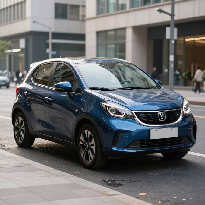 Un Honda hatchback azul estacionado en una calle de la ciudad frente a edificios modernos.