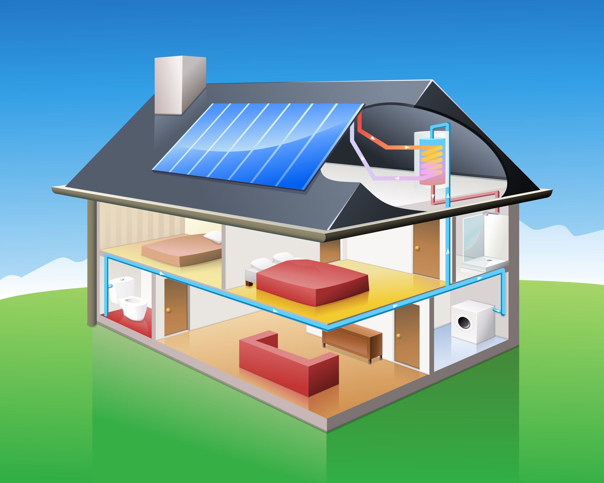 Maison en coupe avec panneaux solaires sur le toit et système énergétique intérieur.