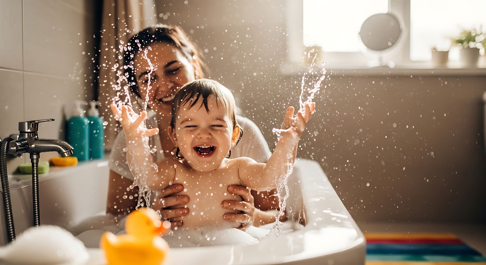Un parent baigne un enfant qui rit dans une baignoire blanche, l'eau éclaboussant dans une salle de bains lumineuse.