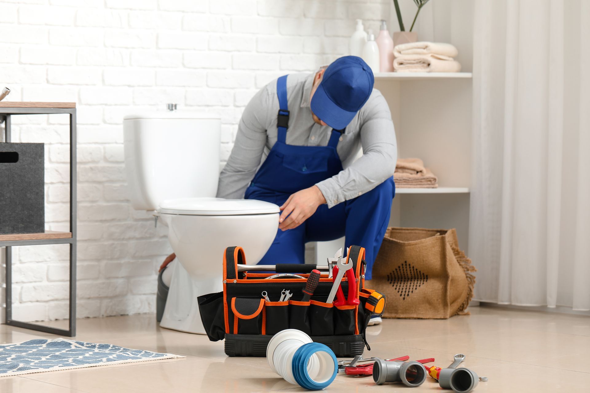 Un plombier en salopette bleue répare des toilettes dans une salle de bains lumineuse, avec ses outils et fournitures à proximité.