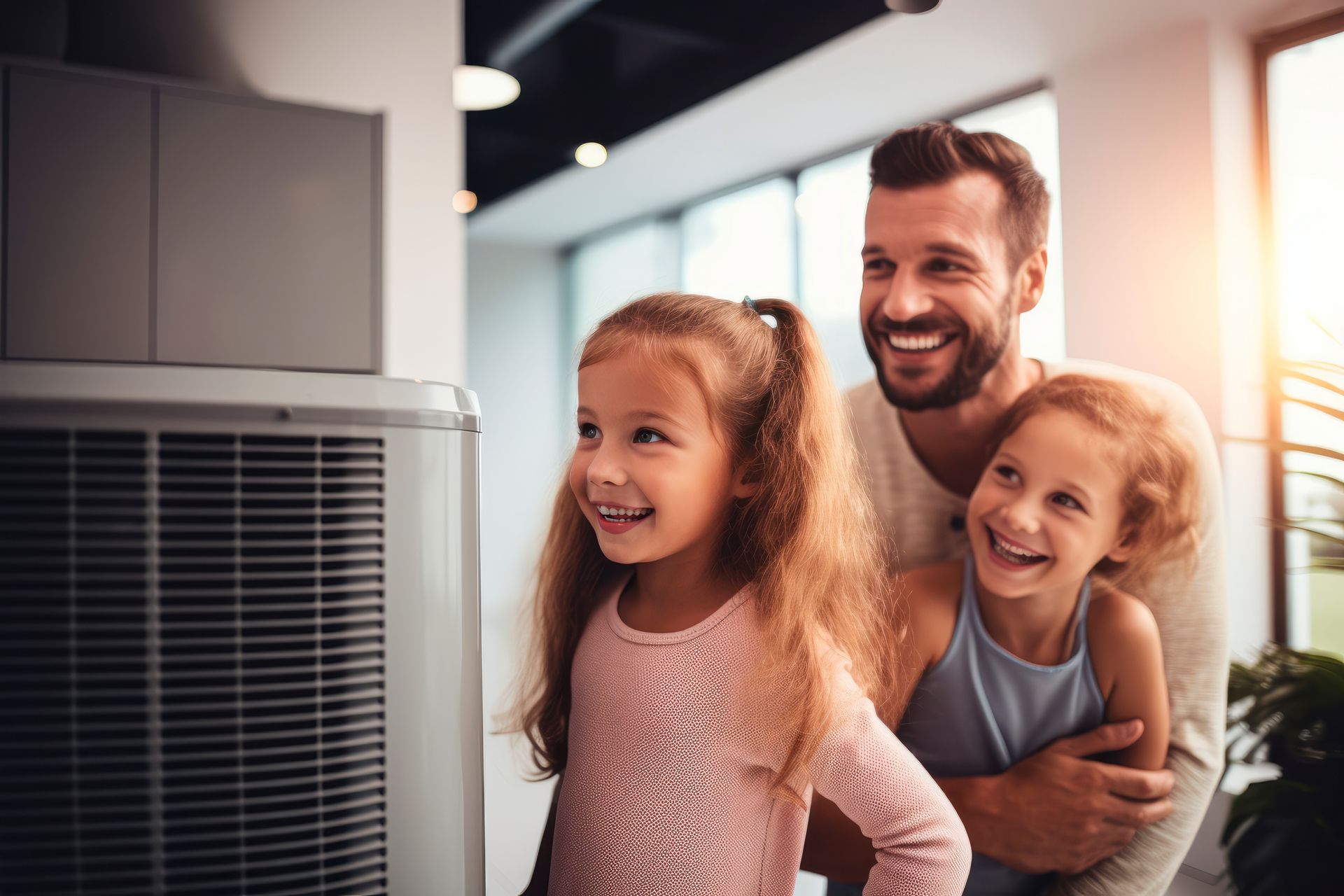 Une famille souriante jette un coup d'œil derrière un climatiseur blanc dans une pièce moderne.