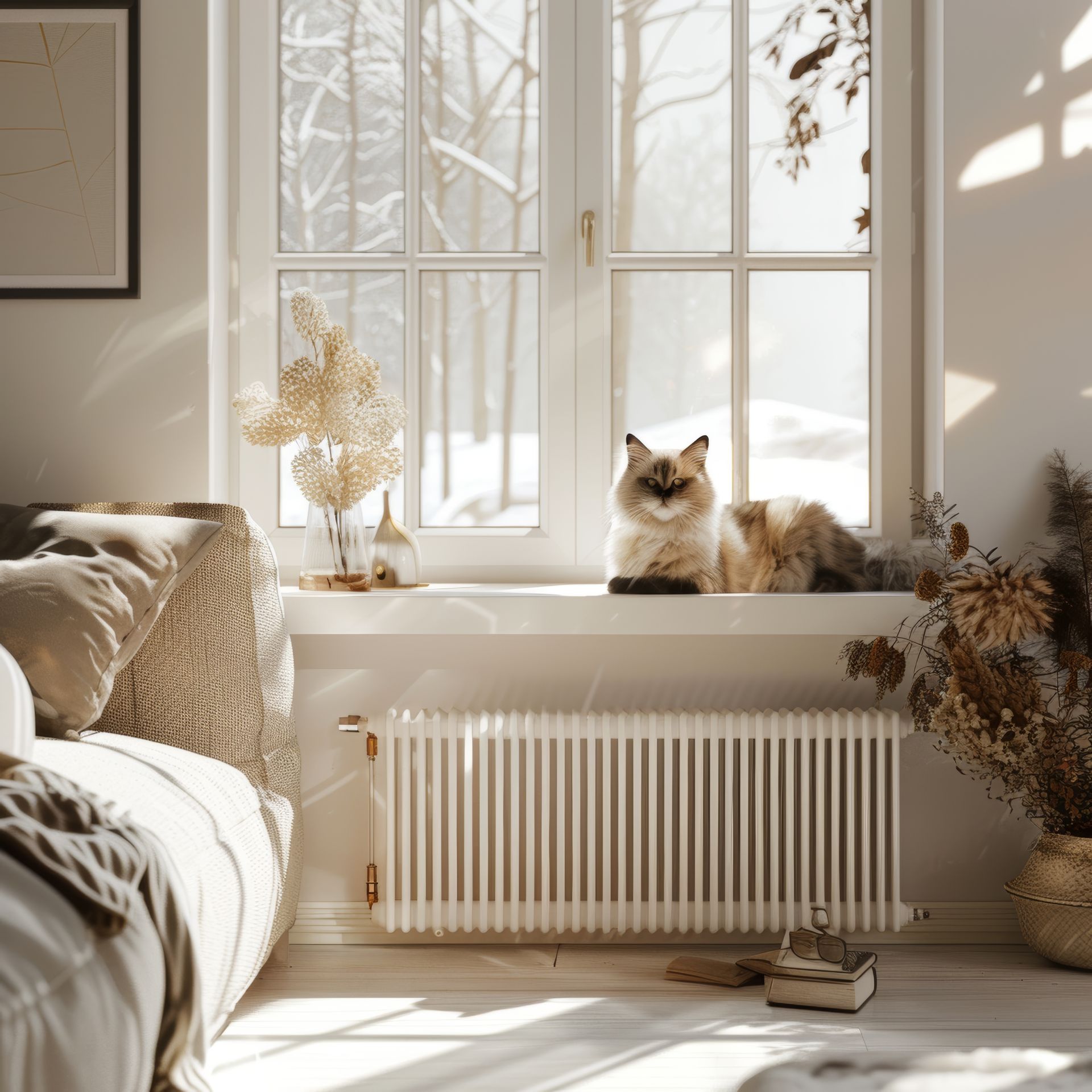 Chambre confortable et ensoleillée avec un chat duveteux sur le rebord de la fenêtre, un canapé beige et des fleurs séchées près du radiateur.
