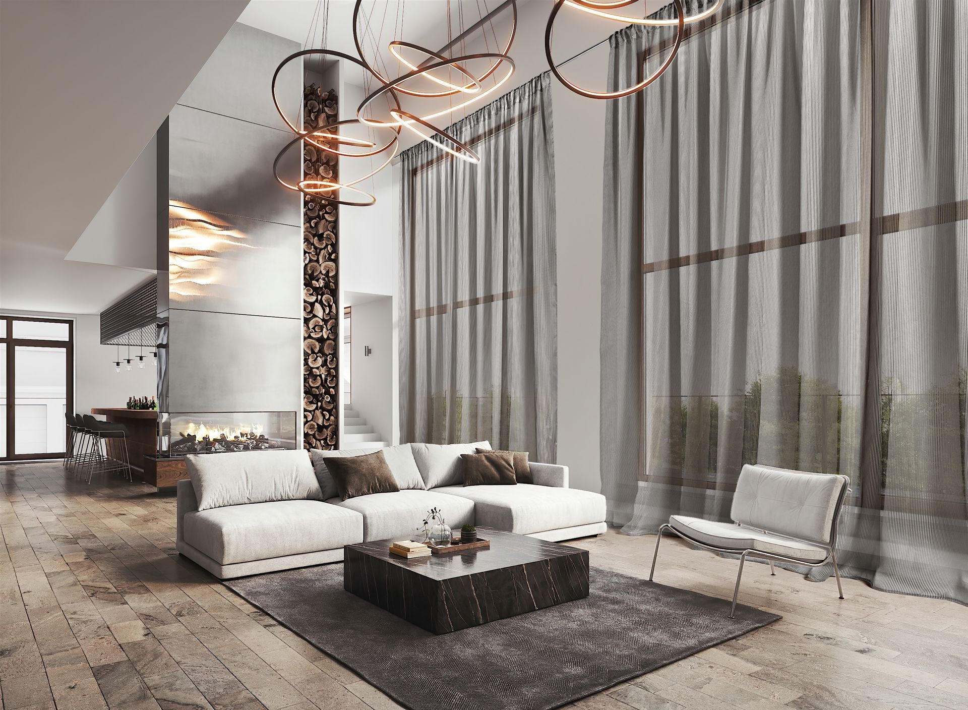 Modernes Wohnzimmer mit neutralen Farben, großen Fenstern und zeitgenössischen Möbeln.