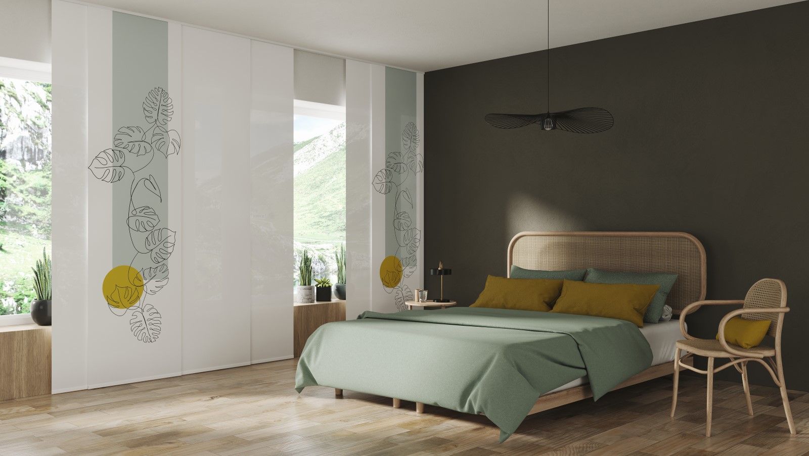 Schlafzimmer mit grünen und gelben Akzenten. Ein Bett, ein Stuhl und dekorative Paneele sind zu sehen.