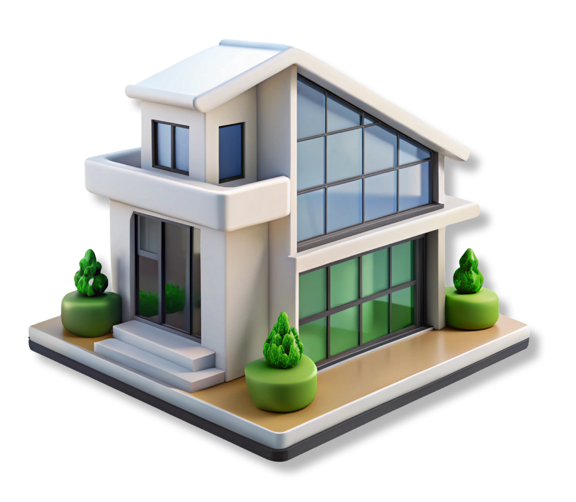 Maison moderne en 3D avec de grandes baies vitrées.