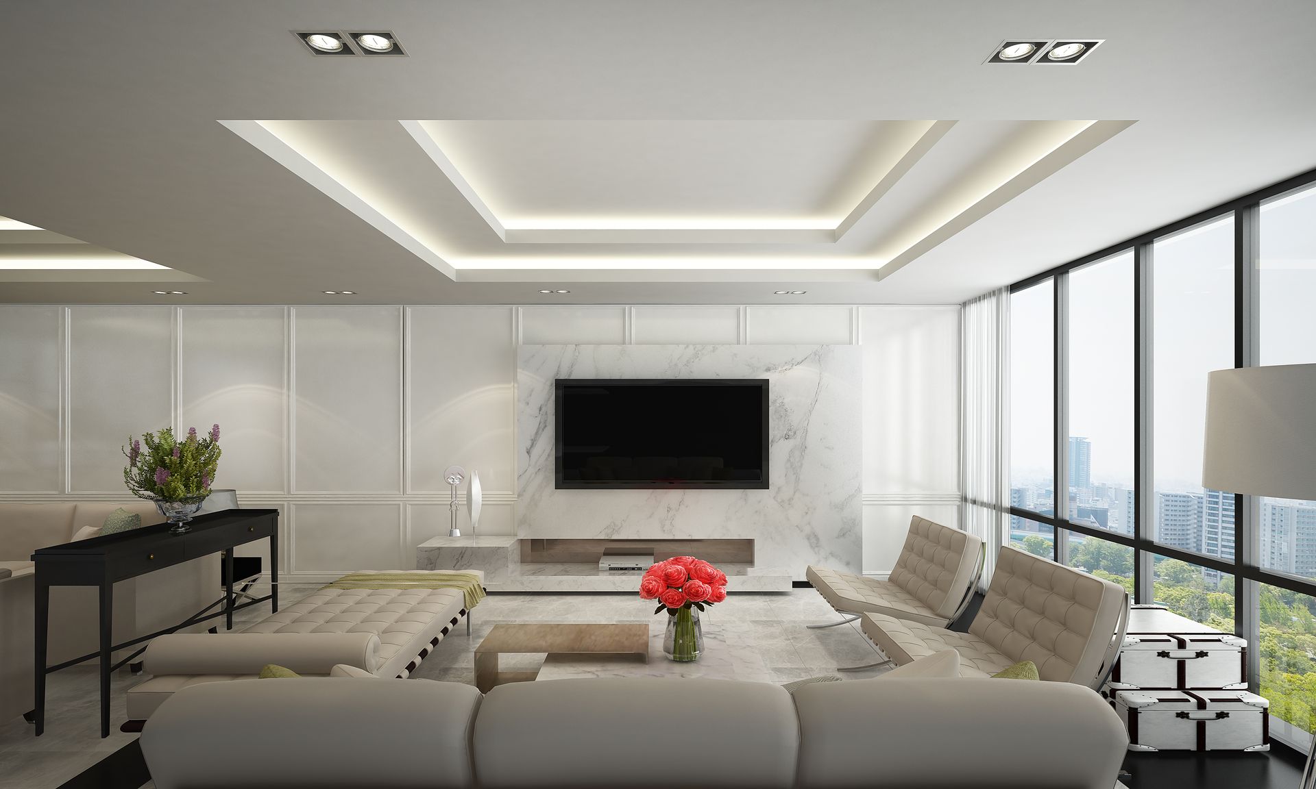 Un salon moderne avec un faux plafond décoratif avec des lumières à LED intégrées.