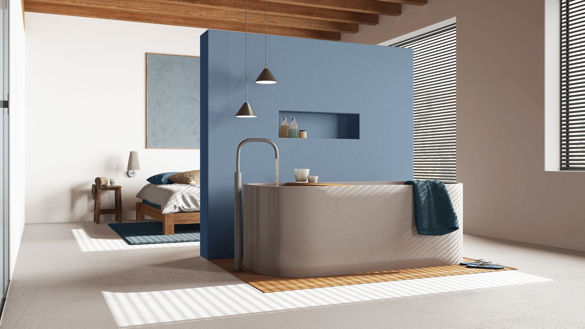 Une pièce moderne qui combine une chambre avec une salle de bains : une cloison sépare le lit et la baignoire.
