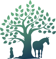 Ein Pferd und ein Hund stehen unter einem Baum.